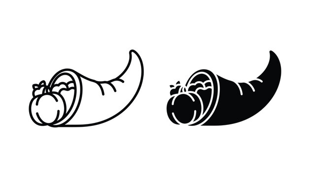 Cornucopia horn of plenty vector icon set showing harvest vegetables in outline and solid silhouette graphic styles
