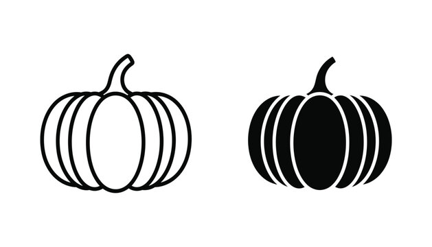 Pumpkin vegetable vector icon set featuring classic round shape in both stroke and solid black silhouette graphic designs