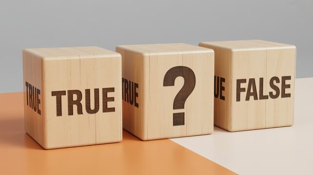 Three wooden blocks showing the words true and false with a large question mark symbol in the middle