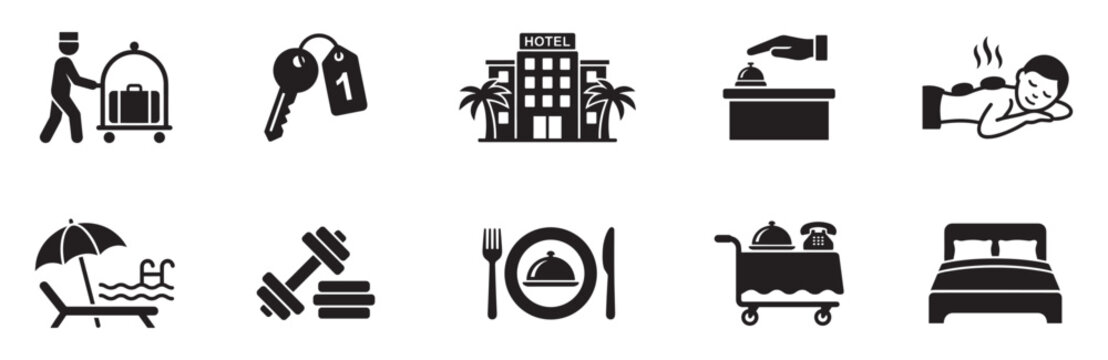 Hotel Service and Travel Hospitality Icon Set. Vacation, Accommodation and Leisure Facility Silhouettes. Vector Illustration.