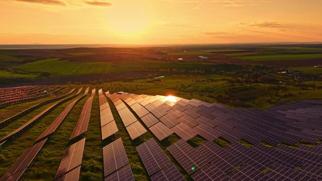 Solar panels cover a large area in a field as the sun sets over the hills. The scene shows the use of renewable energy in an open landscape.