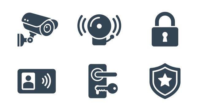 Security icons depicting surveillance, alarm systems, and access control mechanisms