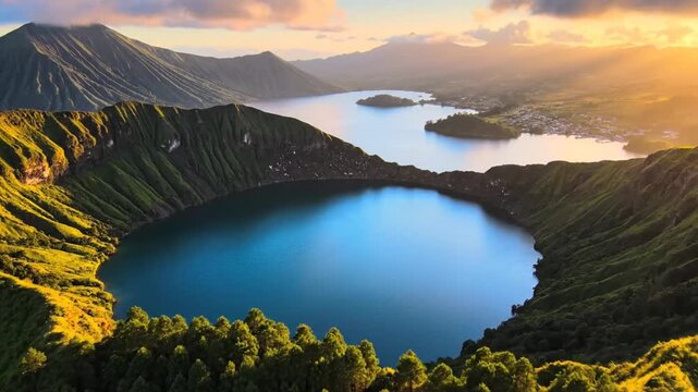 Volcanic crater lake landscape.