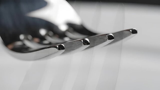 Close up macro shot of a shiny metal fork tines 1.