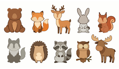Fototapeta premium Forest animals vector set cute woodland cartoon illustration