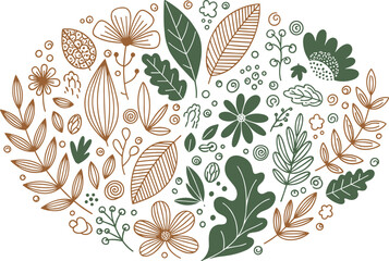 Fototapeta premium Hand-drawn botanical illustration with leaves and flowers in oval shape, doodle style.
