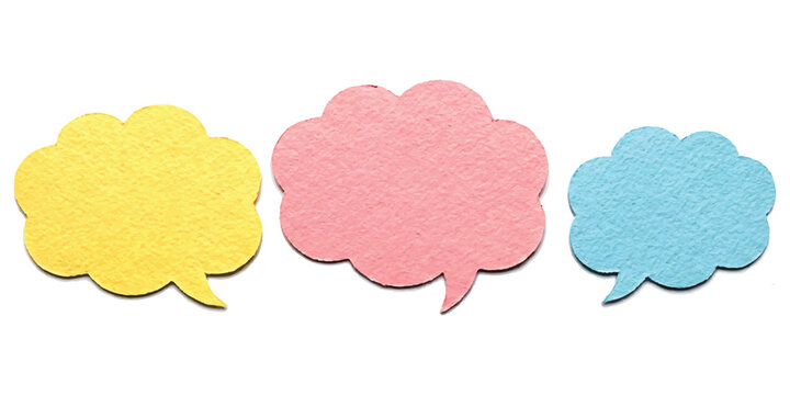 Three colorful paper speech bubbles in yellow pink and blue colors for communication