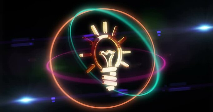 Bulb inspiration idea and creative concept golden metal symbol in rotating neon 3d circles looped and seamless animation