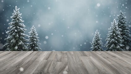 Obraz premium Frosty snowy winter pine trees with wooden floor background for holiday scenes and seasonal product display