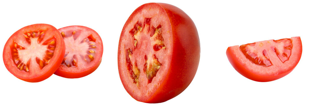 Fresh tomato slices and a half tomato isolated on transparent background