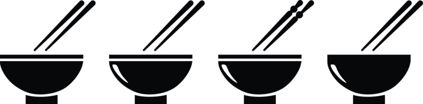 Asian food bowl with chopsticks vector icon set featuring noodle and ramen bowls in minimalist flat style isolated on white background