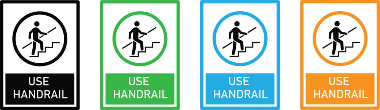 Use handrail safety sign board set with person climbing stairs icon for workplace health and safety precaution isolated on white background