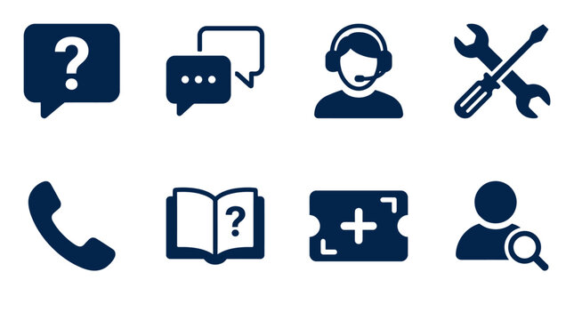 Icons representing customer support and communication tools, including chat, phone, and assistance services
