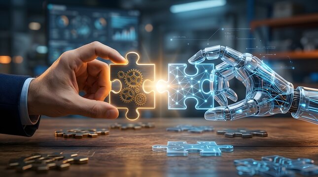 Human Hand and Robotic AI Hand Connecting Glowing Puzzle Pieces Showing Partnership Collaboration Between Man and Machine Artificial Intelligence Technology Concept
