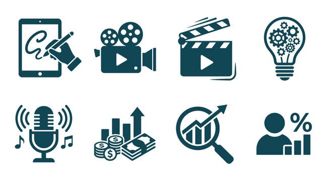 Set of eight flat monochromatic business and media icon illustrations.