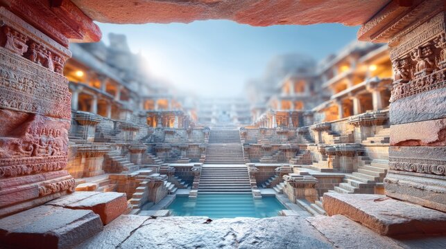 Ancient stone step well with intricate carvings and central stairway in historic site