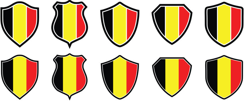 Belgium Flag Shield Badge Collection Vector Set, Belgian National Emblem Icons Bundle