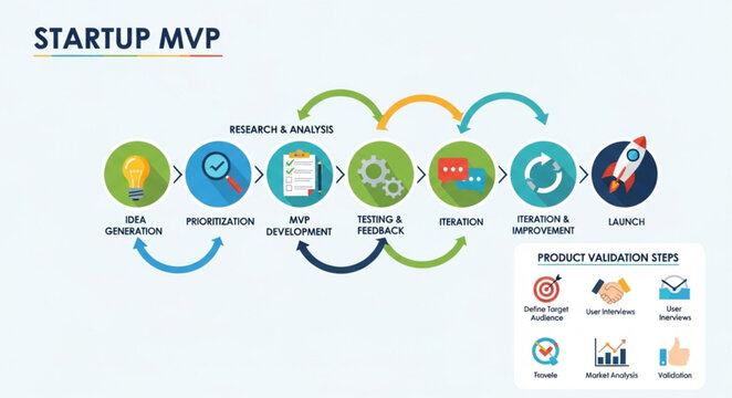 Startup MVP development process infographic with icons and steps.