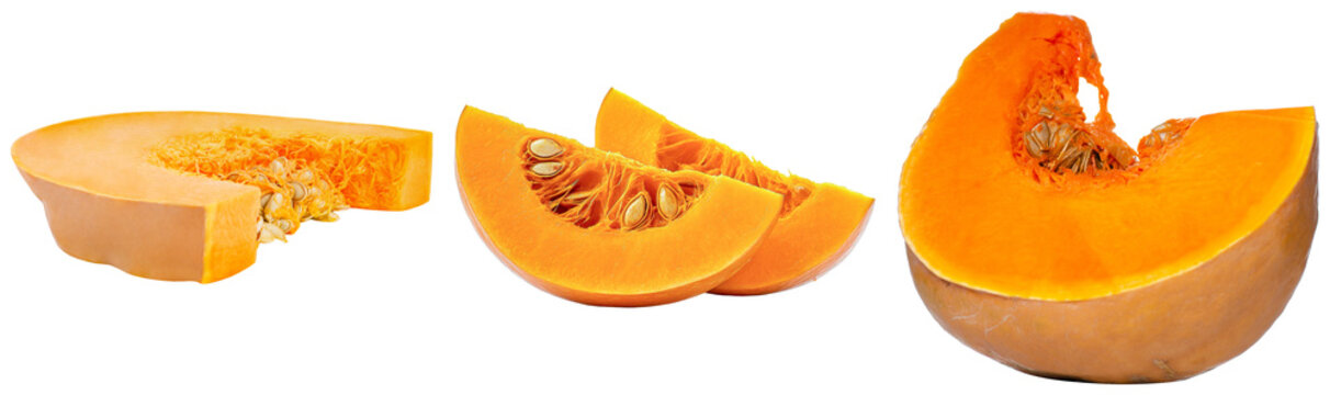 Three different cuts of a ripe orange pumpkin with seeds visible, isolated on transparent background