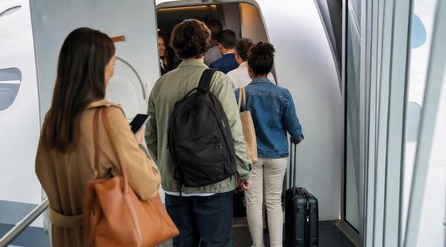 Diverse Passengers Boarding an Airplane via Jet Bridge