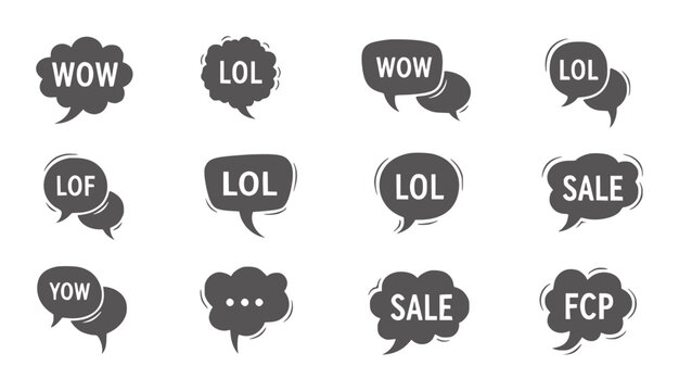 Collection of twelve dark grey speech bubbles with text communication chat
