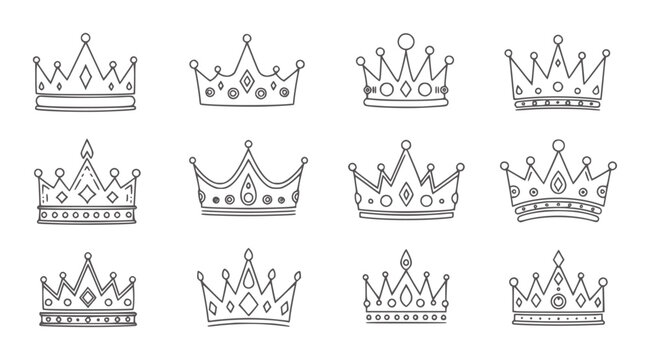 Collection of twelve hand drawn outline crowns white royalty symbol regal king