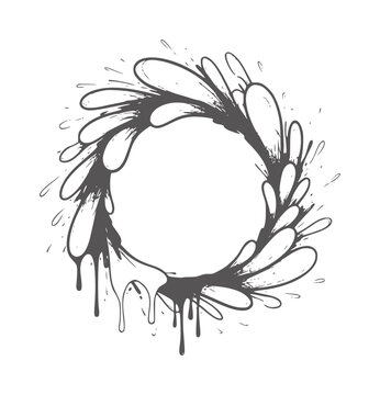 Dark grey ink splatter wreath with dripping effect abstract black border circle circular