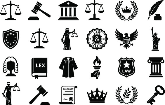 Law and Justice Icons Set Black and White Vector Illustration