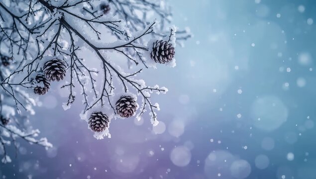 Snow covered pine cones on tree branches in winter with falling snowflakes and soft blue bokeh background
