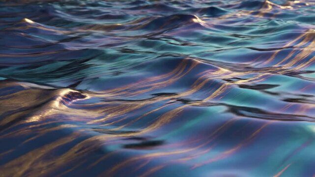Ripples on a vast ocean surface shimmer with an iridescent play of light and shadow, reflecting the sky's vibrant hues in a mesmerizing dance of elemental fluid motion, evoking feelings of depth