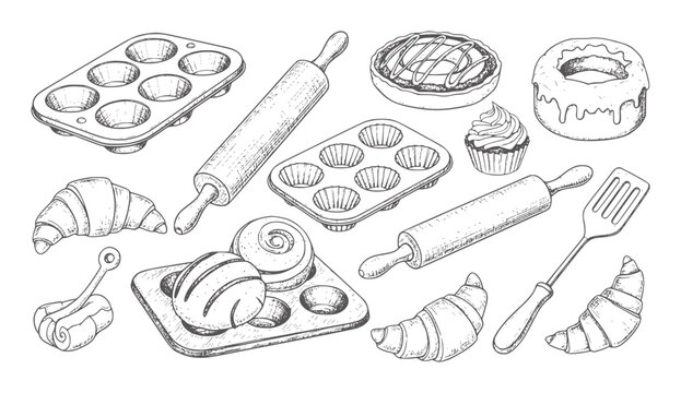 Hand drawn baking tools and pastries including croissants donuts and muffins