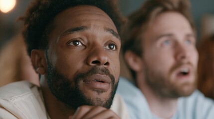 Fototapeta premium Two young men sitting close together and looking up at the sky. the man on the left is african-american and has a beard. he is wearing a white shirt and appears to be deep in thought.
