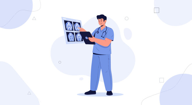 Doctor Examining X-Rays, Modern Medical Illustration