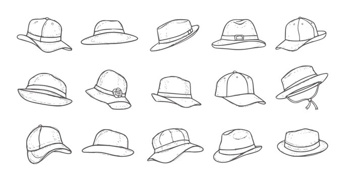 Hand drawn collection of various hats and caps in style headwear fashion