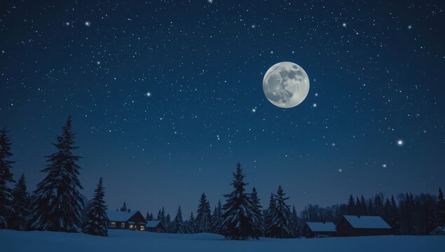 Full moon shining over snowy pine forest at night with starry sky and cozy cabins in winter countryside