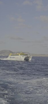 Lanzarote, Spain - June 24, 2025: Fred Olsen Express ferry sailing on the Atlantic Ocean waves