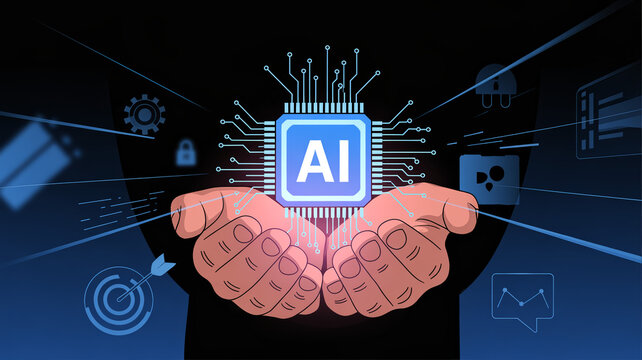 Cupped hands present a glowing AI chip surrounded by radiating lines and abstract digital elements a , symbolizing the pervasive influence of artificial intelligence.