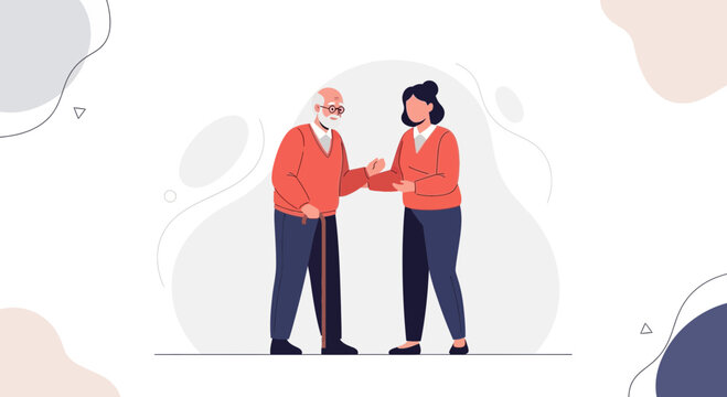 Senior man with grandchild, helping hand, generational support, flat vector art