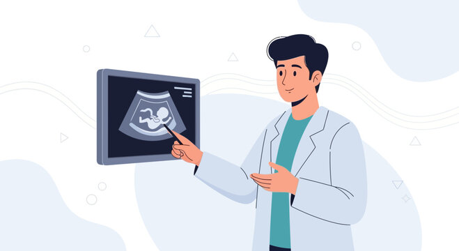 Doctor showing ultrasound of baby, prenatal care, medical consultation