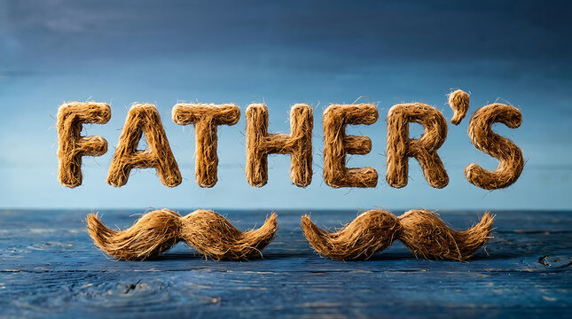 Fathers day celebration with creative coconut fiber mustache and lettering on wooden surface