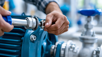 Fototapeta premium Close-up of a plumber's hand repairing a centrifugal water pump motor during installation, plumbing maintenance concept, pump motor repair photography, industrial plumbing