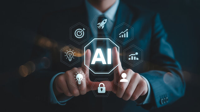 A businessman in a suit touches a holographic interface displaying 'AI' surrounded by icons representing business concepts and growth.