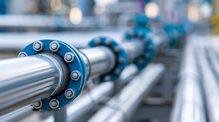 Obraz premium Close-up of pipeline and pipe rack at an oil and chemical industrial plant showing liquid distribution, industrial infrastructure concept, main pipeline close-up, chemical plant