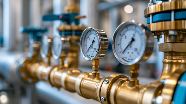 Close-up of brass piping and multiple pressure gauges in an industrial environment, instrumentation close-up concept, industrial brass fitting, pipe and gauge photography,