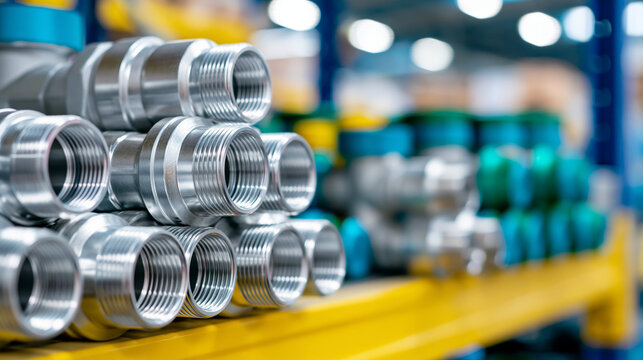 Close-up of a stack of industrial valves and pipe connections on a shelf, industrial component collection concept, valve inventory photography, pipe fitting detail, defocused