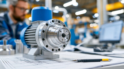 Obraz premium Close-up of a pump and valve engineering plan drawn by a manufacturer in an office, engineering design concept, pumping station planning, technical drawing photography, defocused