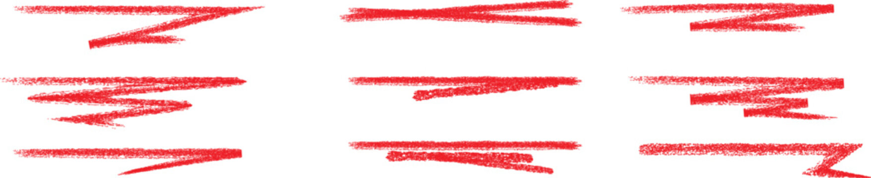 Set of red grunge brush strokes with dry paint texture, rough hand drawn ink streaks and smear lines, abstract artistic elements isolated for banners, highlights, and creative design overlays.