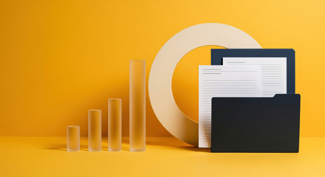 Financial file organization for quarterly review uses document folders, ascending bars and circular progress symbol to support budget control, audit preparation and record retention