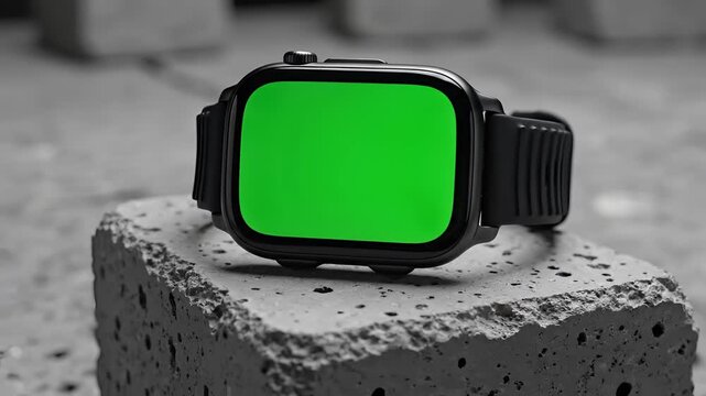 Modern Smartwatch with Green Screen Display on Concrete Block.