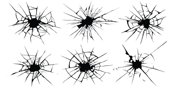 Set of black broken glass cracks and shattered window patterns for realistic design effects